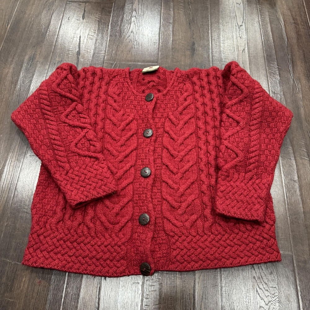 Carraig Donn Cardigan Sweater Womens Small Red Merino Wool Cable Knit Ireland